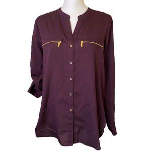 Calvin Klein, Medium, Long-Sleeved, Button Down, Burgundy Blouse